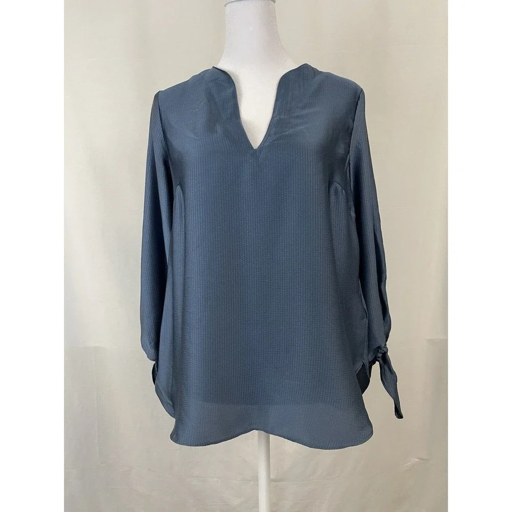 Michael Kors Women XS Blue Navy Solid Satin Tie Top Chambbary Officewear Bow - Picture 2 of 14